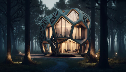 an ecological and elegant house in the woods, beautiful architecture, environmental, Generative AI