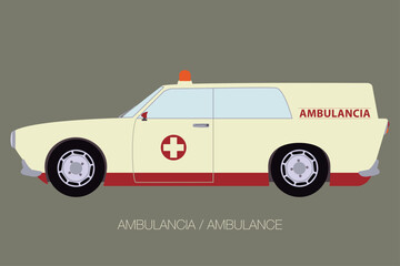european vintage ambulance, side view car, flat design, fully editable