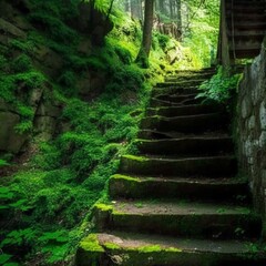 An old abandoned staircase in the forest. High quality illustration