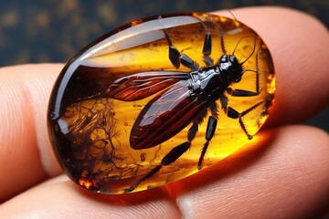 Beatiful litle spider insect fossil, polishing amber, generative ai
