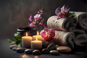 Generative AI massage set, with towels, candles and flowers with dark background