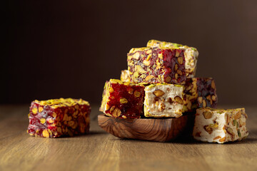 Traditional Turkish delight  on a wooden table.