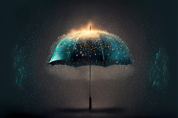 Generative AI unique umbrella with rain, idea concept, light in the dark
