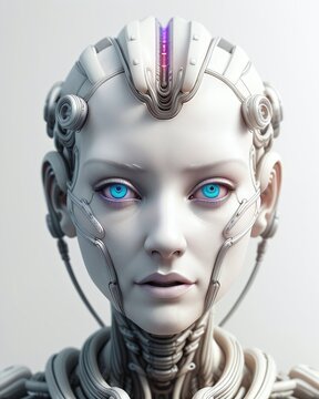 Android with a Female face looking at viewer created with generative AI technology.
