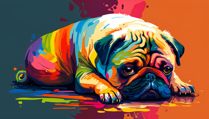 Thick palette knife, rainbow pug, beautiful sunshine shades of al colors, happy, joy, illustration, flat style, harmony of colors 