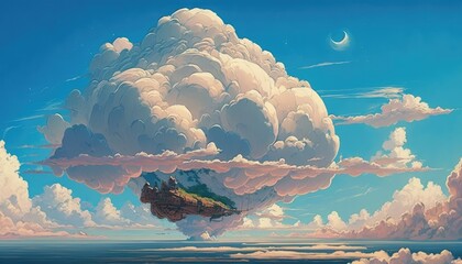 Fantasy flying city in big beautiful epic clouds in blue sky. Generative ai illustration. - 579505028