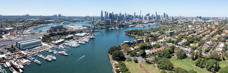 Glebe Island, the Anzac Bridge, Sydney city skyline and the suburb of Glebe. - 579505272