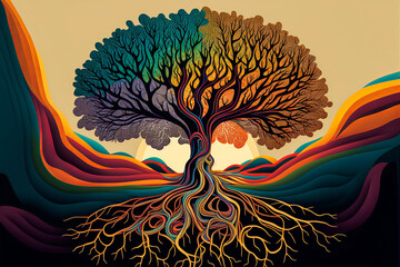 A tree with deep roots and branches reaching for the sky, surrounded by light. A message of clean energy and nurturing the earth and ourselves. Generative AI