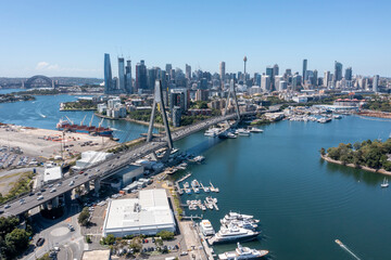 Fototapeta na wymiar The Anzac Bridge and the Sydney city skyline.