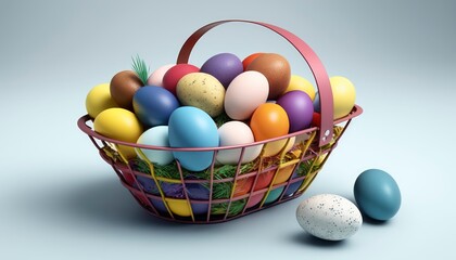 Naklejka na ściany i meble easter eggs in basket, isolated background, colorful eggs rainbow , celebration traditional holiday , generative ai