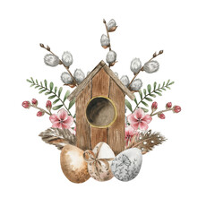 Watercolor Easter illustration of bird houses and flowers. Easter postcard.