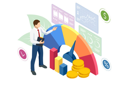 Isometric Concept of Business Analysis, Analytics, Finance chart, Financial planning, Data analysis, and Management strategy. Investment in securities, smart investment, strategic management