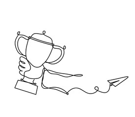 Abstract cup with paper plane as continuous lines drawing on white as background