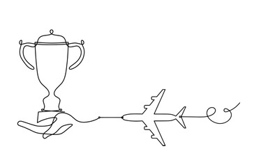 Abstract cup with plane as continuous lines drawing on white as background