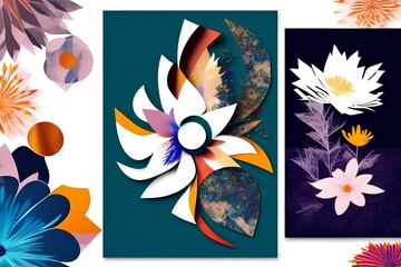 Collection of contemporary abstract art posters. Paper cut male & female, abstract & floral collages, landscape scenes. wallpapers, postcards, prints, romance - generative ai