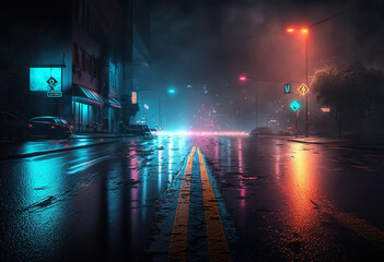 A Vibrant Urban Scene: AI-Generated Neon Lights Refracting and Reflection on Wet Asphalt