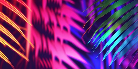 Colorful neon background with palm leaf and leaves. Branches fluorescent color. Neon background abstract colorful palm branches. generative ai
