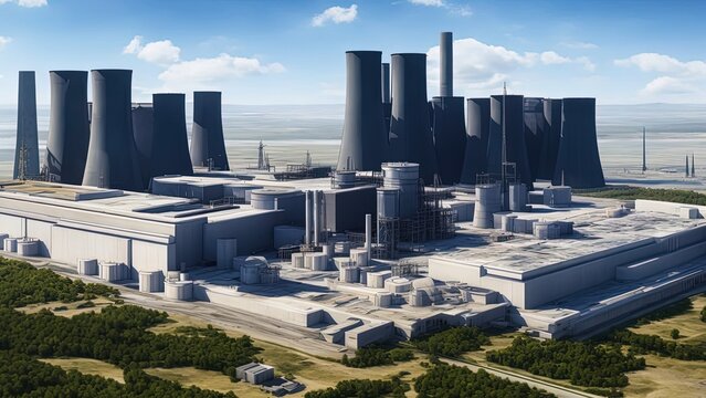 A huge modern nuclear power plant building during construction. Construction of a new energy facility. Illustration, concept art. Ai generative