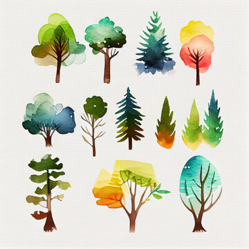 Painted watercolor trees. Isolated tree on white background, The collection of trees. Set of trees and shrubs. Collection of natural design elements trees with leaves. generative ai