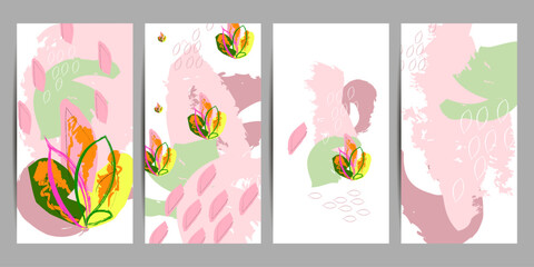 Collection of postcards in gentle pastel colors creative floral artistic cards. hand drawn textures. vector