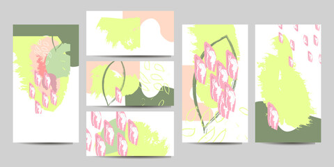 Collection of postcards in gentle pastel colors creative floral artistic cards. hand drawn textures. vector