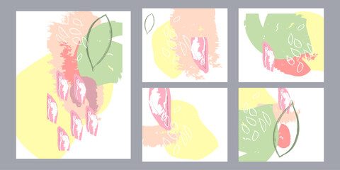 Fototapeta na wymiar Collection of postcards in gentle pastel colors creative floral artistic cards. hand drawn textures. vector