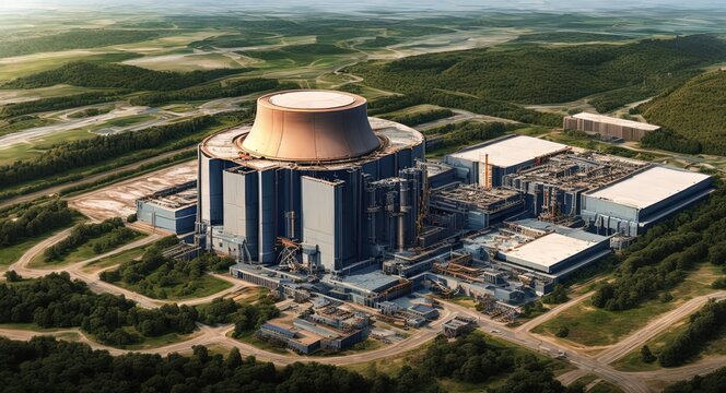 A huge modern nuclear Fusion power plant building during construction. Building complex of a new energy facility. Illustration, concept art. Ai generative