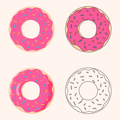 Delicious donut icon with pink glaze and colored sprinkles. Dessert vector illustration design
