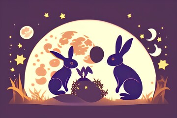 Cute full moon and rabbit. Japanese moon viewing festival. Vector illustration - generative ai