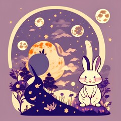 Cute full moon and rabbit. Japanese moon viewing festival. Vector illustration - generative ai