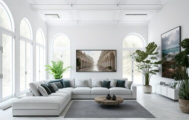 Fototapeta na wymiar beautiful modern minimalistic interior design with large windows and modern furniture, generative AI