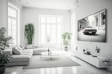 Fototapeta na wymiar beautiful modern minimalistic interior design with large windows and modern furniture, generative AI