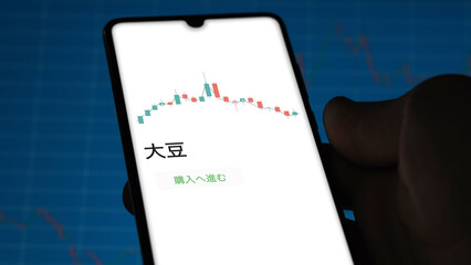 An investor analysing an ETF on a screen. Funds stocks exchange with Japanese text: soy, buy