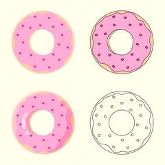Delicious donut icon with pink glaze and colored sprinkles. Dessert vector illustration design