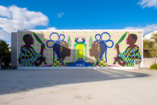 Colorful mural with ethnic motifs at the Miami Design District