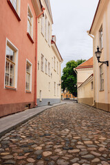 Quiet colourful side street in old town centre of historic capital Tallinn, Estonia