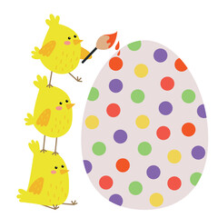 Cute Easter chicks and egg. vector illustration of yellow chicks for easter design. The chickens color the egg. Yellow chicks with red cheeks