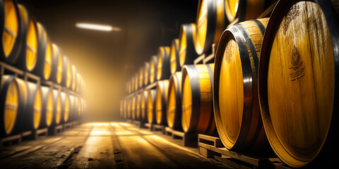 Wooden oak Port barrels in neat rows. Winemaking concept. Port, fortified wine, and whisky are stored for years in these barrels to enhance the flavor of the alcoholic beverage. digital ai art