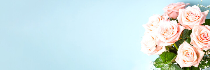 Pink rose, beautyful flowers bouquet at blue background. LOng banner format for web.