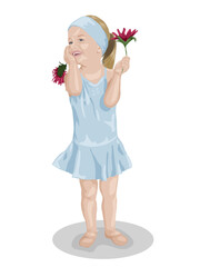 A little ballerina smiling with flowers in her hand. Isolated on transparent background. Vector graphics.