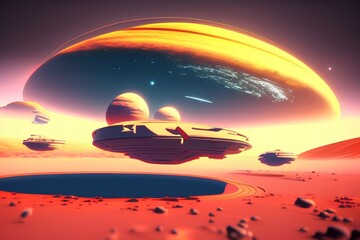 Fototapeta na wymiar Digital painting of space ships flying towards a giant station of the surface of a distant planet - 3d illustration - generative ai