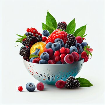 A bowl of fresh berries on white background generative AI