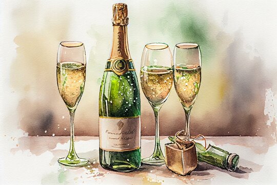 A bottle of champagne with glasses waiting to be filled, watercolor style generative AI