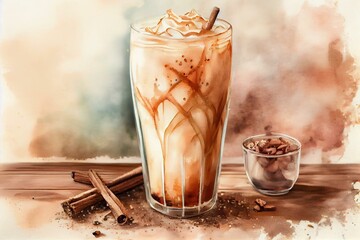 A glass of iced chai latte with a sprinkle of cinnamon, watercolor style generative AI