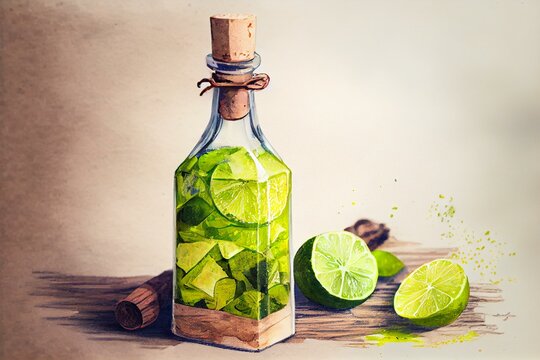 A bottle of mineral water with a lime wedge on top, watercolor style generative AI