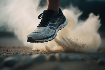 Close up action shot of athletic person running in a marathon, light dirt, dust, long distance running, shoe, foot, 