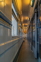 Corridor in fast train on new railway line from Prague to Tabor