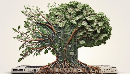 Electric Growth: Exploring the Fusion of Technology and Nature - Tree Growing Out Of Computer Motherboard