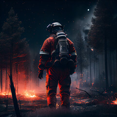 Fototapeta premium fireman in action in a forest on fire, generative ai