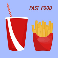 French fries and cola on a white background. Fast food.